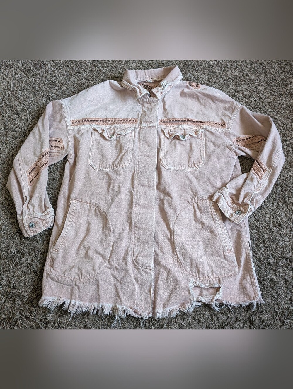Free People Oversized Eyelet Lace Detail Distressed Pink Button Jacket XS/S